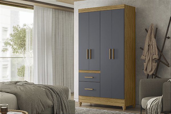 Guarda Roupa Solteiro Madri Freijo Cinza 4 portas