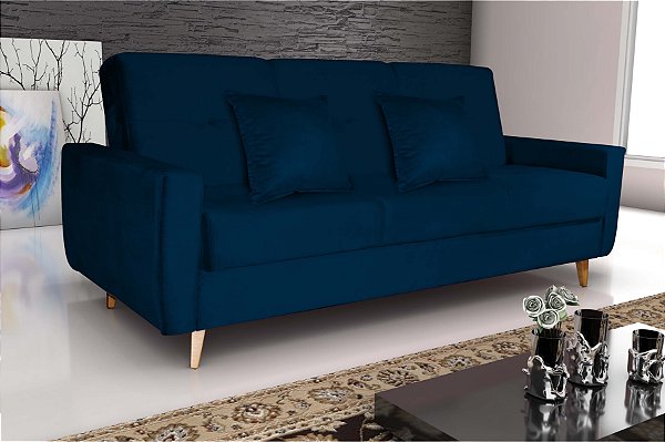 Sofa Cama Pamela Bau Veludo Azul Pes Palito - F433 - Moveis para seu Bem  Estar
