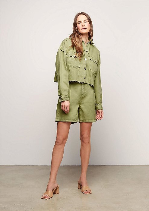 Jaqueta Oversized Cropped Em Sarja - Verde ***