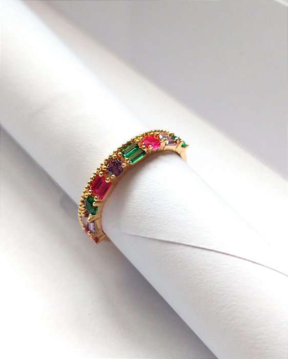 ANEL COM ZIRCONIA VERMELHA/VERDE E LILAS