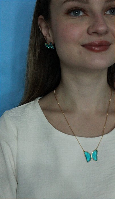 CONJUNTO COLAR E BRINCO BORBOLETAS AZUIS