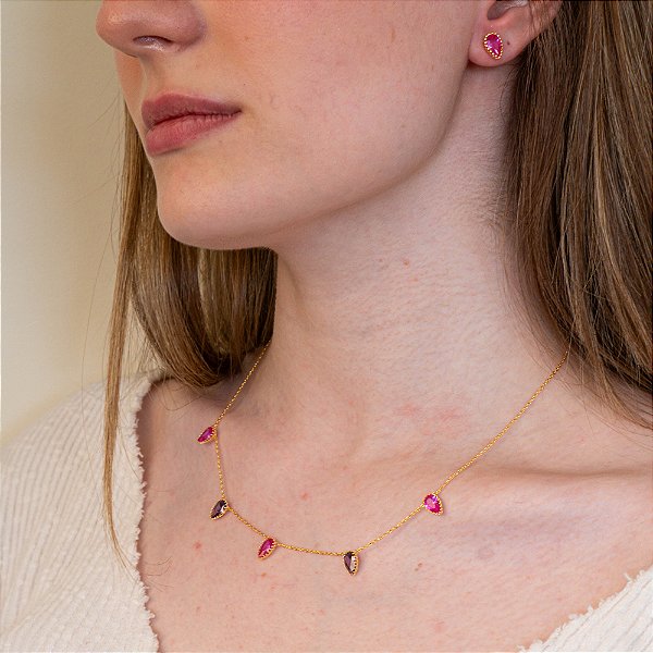 GARGANTILHA COM ZIRCÔNIAS ROSAS E ROXAS