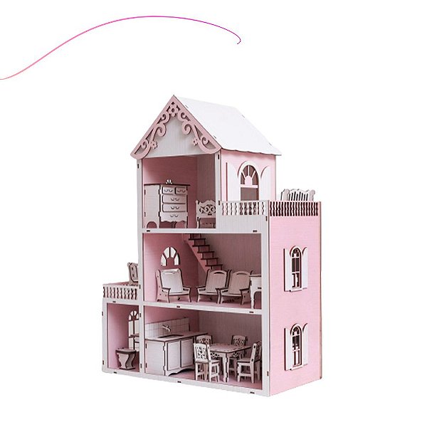 Casinha de Boneca com Móveis Rosa e Branca