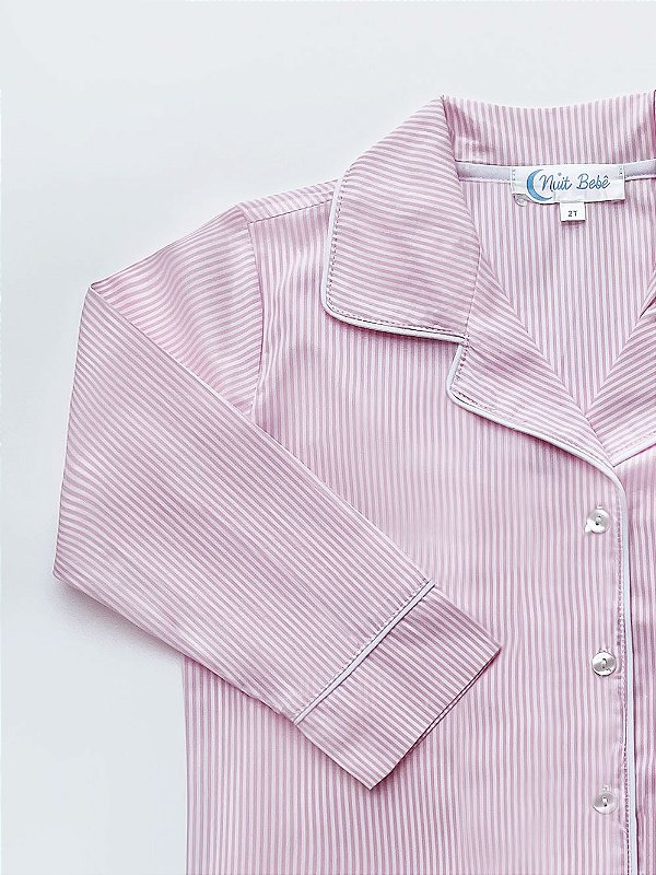 Pijama Comprido Listras Rosa e Branco em Algodão Pima Peruano (Popeline)