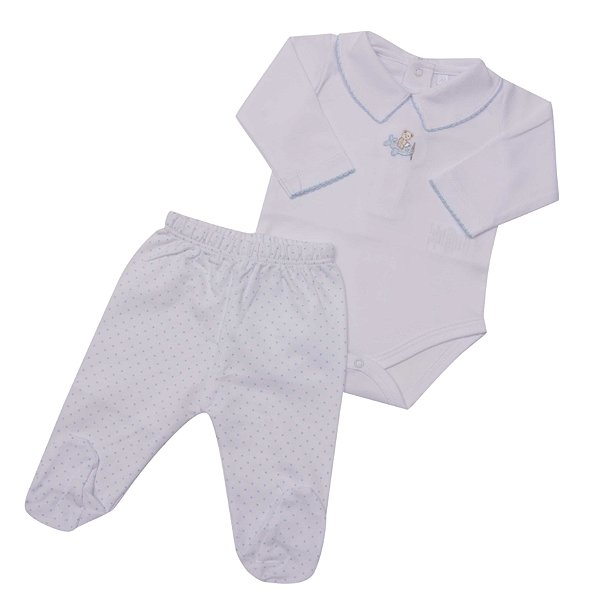 Conjunto Body Ursinho no Avião e Culote Branco Bolinha Azul em Algodão Pima Peruano