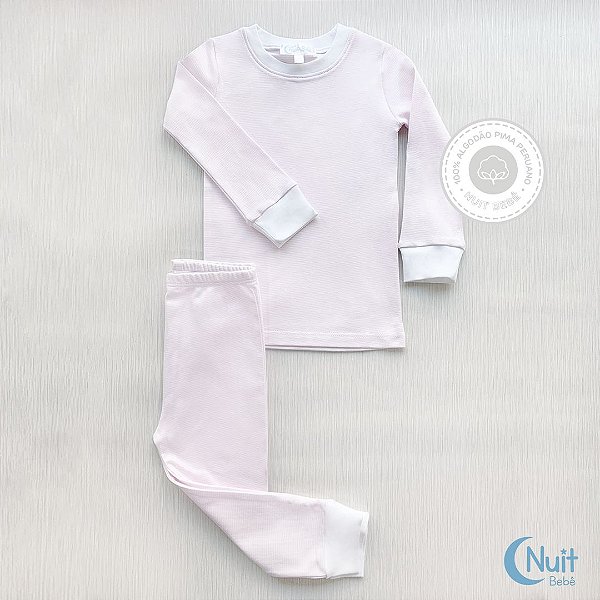 Pijama Comprido Listras Rosa e Branco em Algodão Pima Peruano