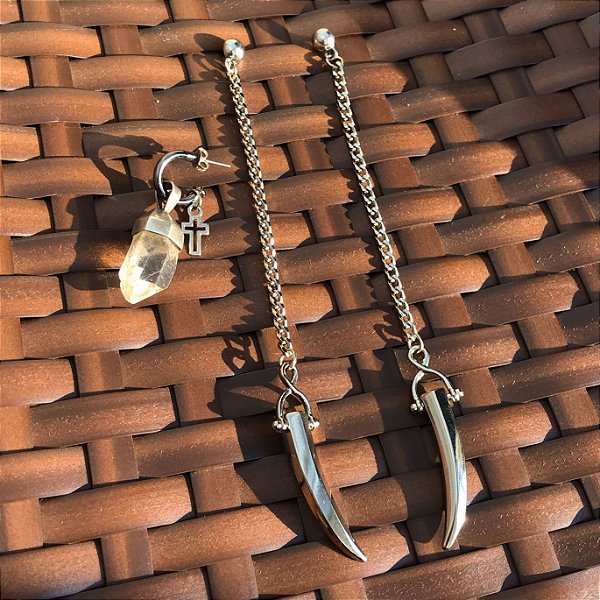 Brinco triplo pino Quartzo Branco