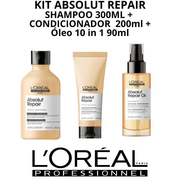 Kit Absolut Repair Loreal Shampoo 300ml + Condicionador 200ml + Óleo 10 in 1 90ml