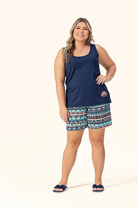 Pijama Bermudoll marinho étnico Plus Size - Lua Encantada