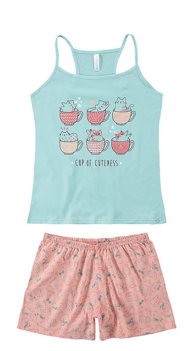 Pijama Verde Água E Salmão Gatos -Malwee Liberta