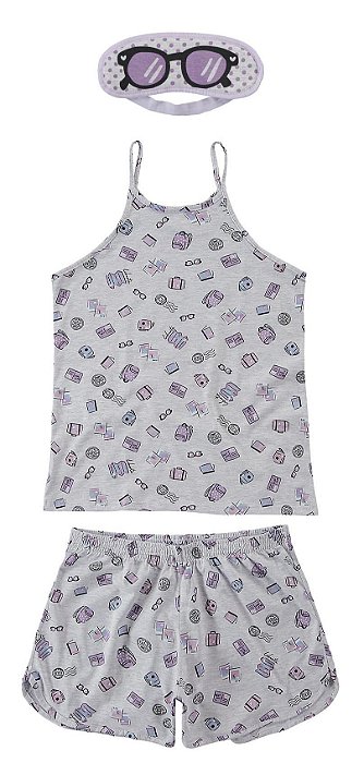 Pijama Regata Curto Cinza Com Máscara Para Dormir - Malwee Liberta