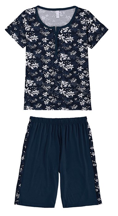 Pijama Floral curto azul marinho com botões - Malwee