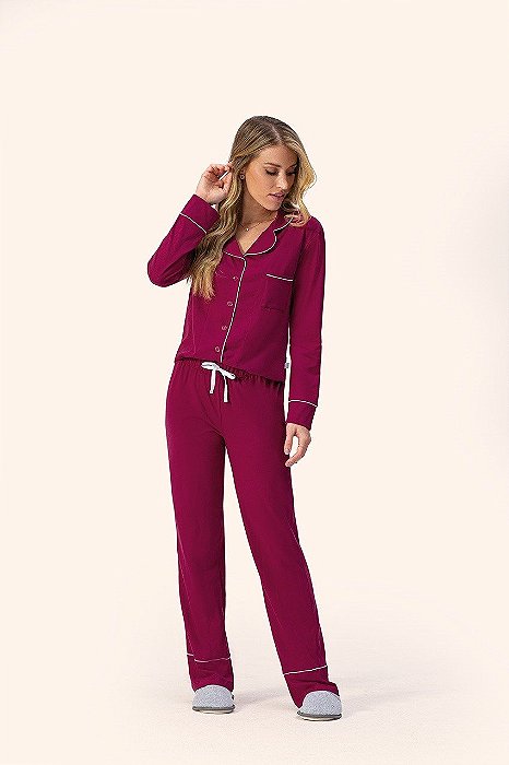 Pijama longo feminino aberto com botoes equilibrio pink maravilha - Lua Encantada