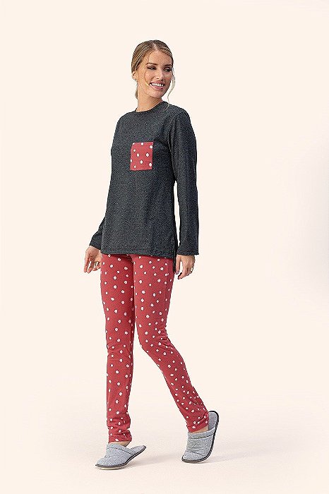 Pijama longo feminino afetos reais com legging de cotton e blusa mescla grafite - Lua Encantada