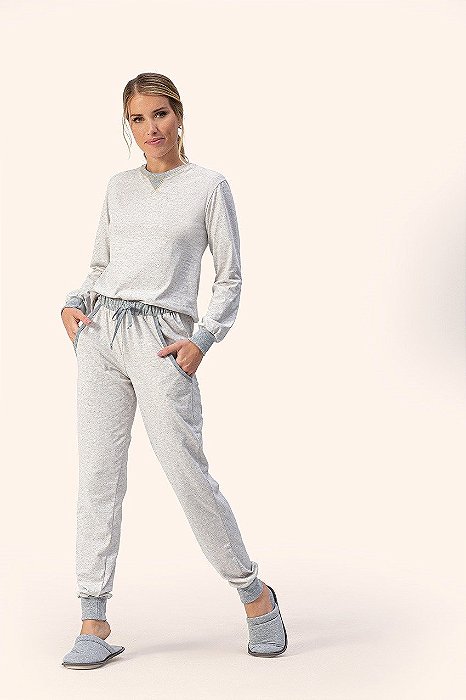 Pijama longo feminino com punho e bolso mescla - Lua Encantada