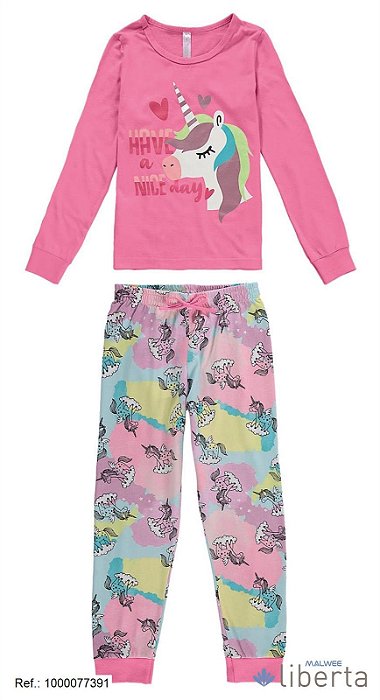 Pijama infantil menina longo Unicornio Rosa com calça estampa - Malwee
