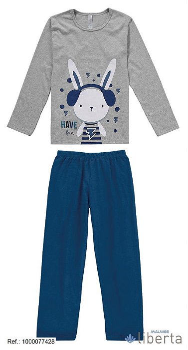Pijama longo infantil menino coelho azul e cinza - Malwee
