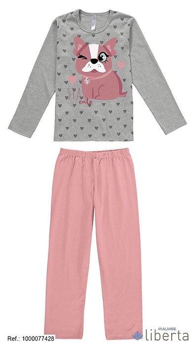 Pijama longo infantil menina cachorrinho rosa e cinza - Malwee