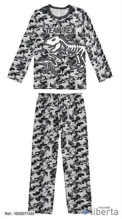 Pijama longo infantil camuflado cinza com estampa de dinossauro - Malwee