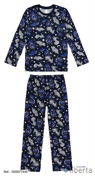 Pijama longo infantil menino azul com estampa de dinossauro astronauta - Malwee