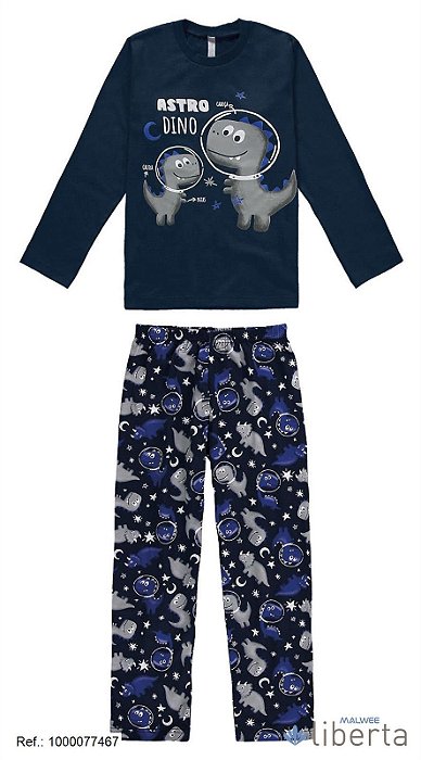 Pijama longo infantil menino azul com estampa dino astro e calça azul estampada - Malwee