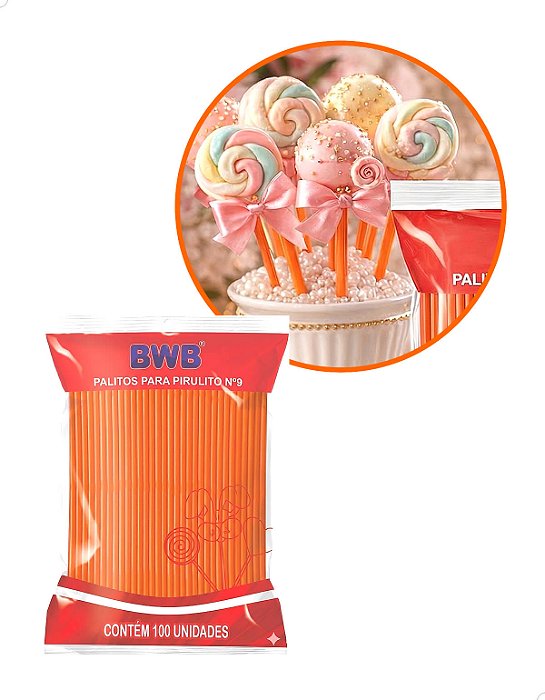 Canudo Palito para Pirulito Pequeno Laranja Sólido nº09 Cod.9475 BWB Kit 100un Confeitaria Doce
