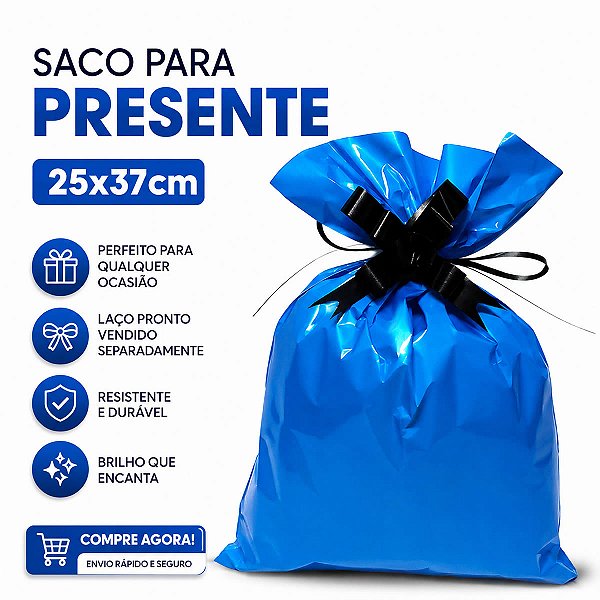 KIT 10 Saco de Presente Liso Azul Metalizado (25x37cm) Lembrancinhas Festas