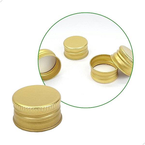 Tampa de Alumínio OURO R28mm com Virola (10un) Tampa Perfil Alto para Frasco Rosca 28mm