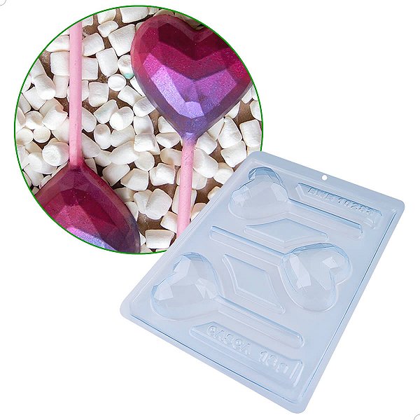 KIT (2un) Forma de Acetato para Chocolate com Silicone Pirulito Coração Lapidado 62g cod 10283 BWB