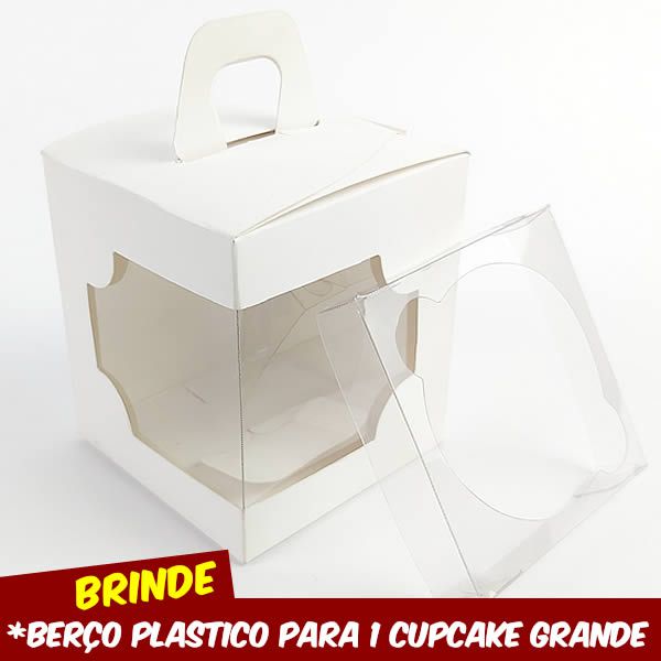 (24pç) DV-14 Lisa Branca Caixa com Visor Embalagem Janelar (7.5 x 7.5 x 8.5 cm) + Berço2 Plástico para 1 Cupcake Grande