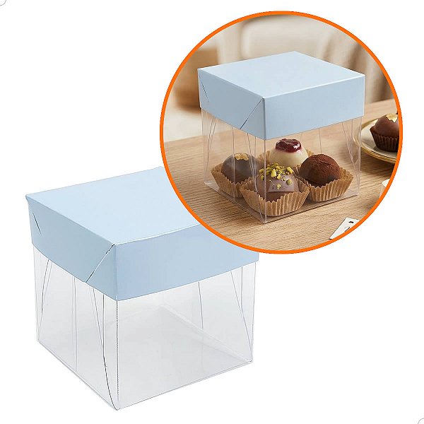 Caixa de Acetato com Base AZUL CLARO Lisa (6x6x6cm) (25un) Embalagem de Plástico Transparente