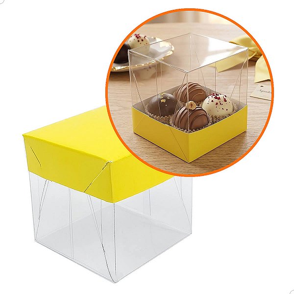 Caixa de Acetato com Base AMARELA Lisa (6x6x6cm) Kit 100un Embalagem de Plástico Transparente