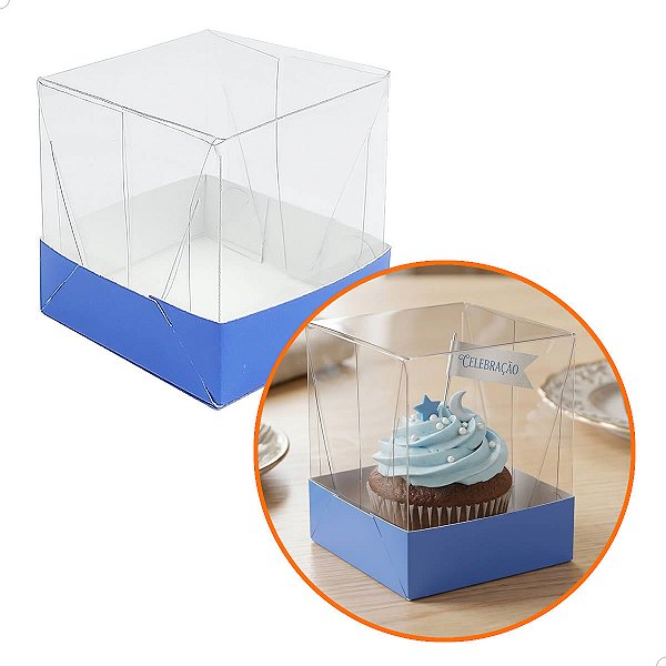 Caixa de Acetato com Base AZUL ESCURO Lisa (6x6x6cm) Kit 100un Embalagem de Plástico Transparente