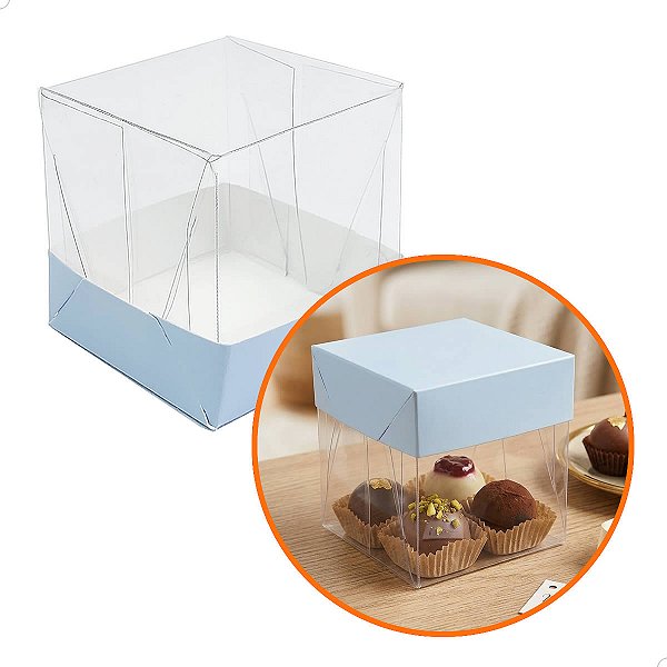 Caixa de Acetato com Base AZUL CLARO Lisa (6x6x6cm) Kit 100un Embalagem de Plástico Transparente