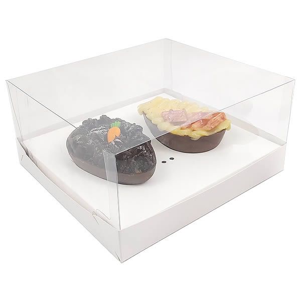 Caixa de Acetato para Ovo de Colher 100g KIT338 Branca (19x17,6x9 cm) 2 Cavidades (25un) Caixa para Ovo de Páscoa 100g