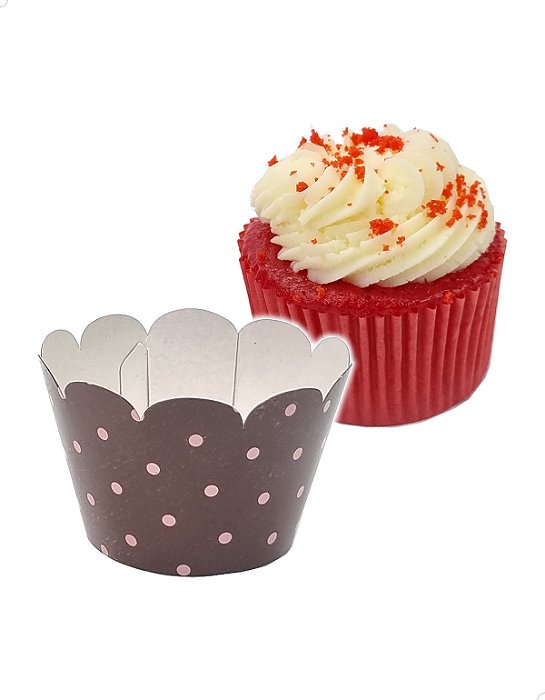 Saia para Cupcake Grande Wrapper Poá Bolinhas Marrom/Rosa (7.5x5x4.5) (48un) Papel Cartão 250g com Plastificação