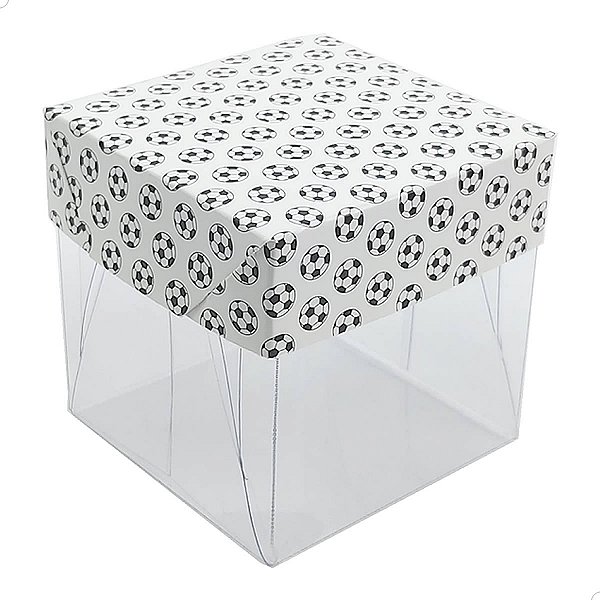 Caixa de Acetato com Base Estampa Futebol (6x6x6cm) Kit 100un Embalagem de Plástico Transparente
