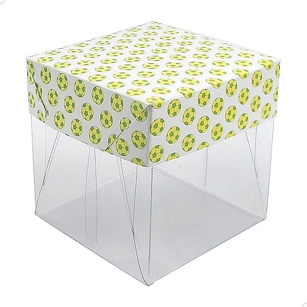 Caixa de Acetato com Base Estampa Futebol Brasil (6x6x6cm) Kit 75un Embalagem de Plástico Transparente