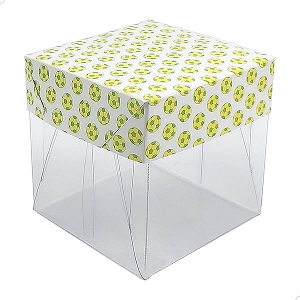 Caixa de Acetato com Base Estampa Futebol Brasil (5x5x5cm) Kit 75un Embalagem de Plástico Transparente