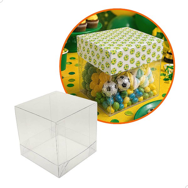 Caixa de Acetato com Base Estampa Futebol Brasil (7.5cm) Kit 50un Embalagem de Plástico Transparente