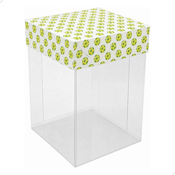 Caixa de Acetato com Base Estampa Futebol Brasil (8.5x8.5x12cm) Kit 50un Embalagem de Plástico Transparente