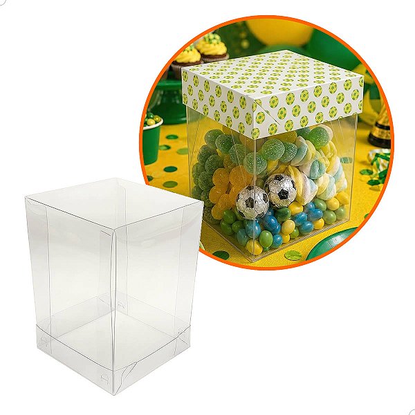 Caixa de Acetato com Base Estampa Futebol Brasil (6x6x9.5cm) Kit 50un Embalagem de Plástico Transparente