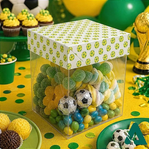 Caixa de Acetato com Base Estampa Futebol Brasil (6x6x9.5cm) Kit 25un Embalagem de Plástico Transparente