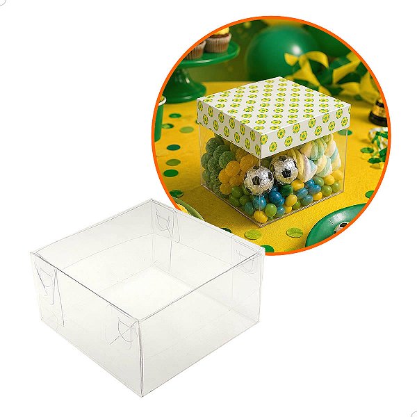 Caixa de Acetato com Base Estampa Futebol Brasil (7.5x7.5x4cm) Kit 25un Embalagem de Plástico Transparente