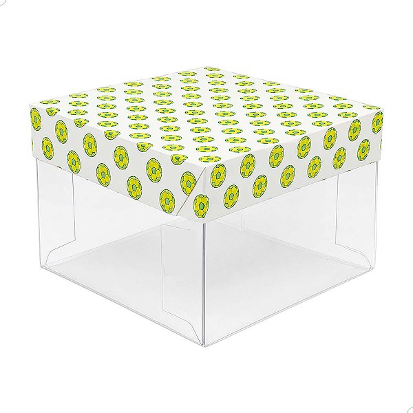 Caixa de Acetato com Base Estampa Futebol Brasil (6x6x4cm) Kit 75un Embalagem de Plástico Transparente