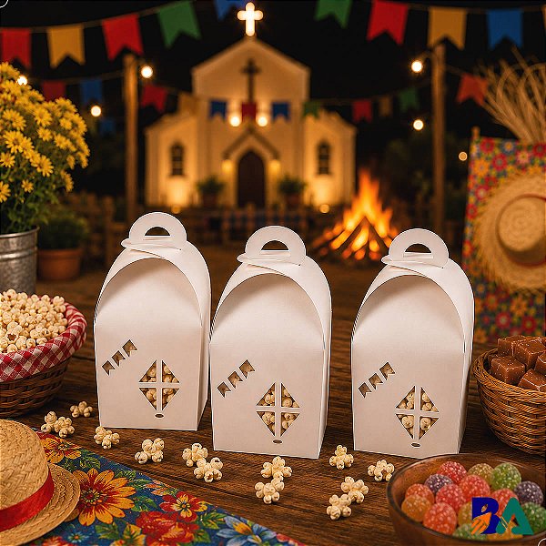 Kit 15 Caixa Baú do Arraiá DV-2 BRANCA Bandeirinha Balão para Decoração de Festa Personalizar