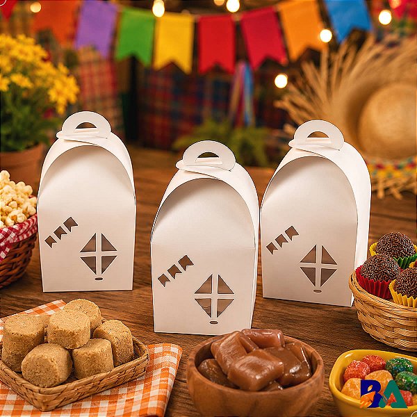 Kit 10 Caixa Baú do Arraiá DV-2 BRANCA Bandeirinha Balão para Decoração de Festa Personalizar