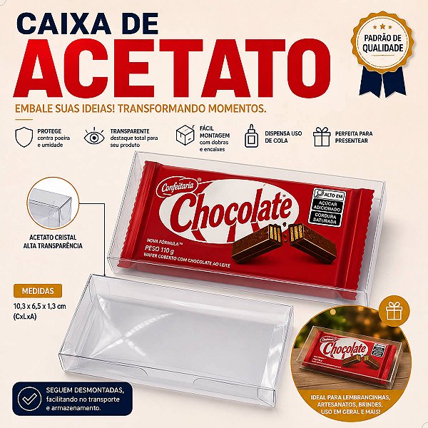 Kit 20un Caixa de Acetato Embalagem para Chocolate Tipo Kit-Kat PX-261 (10.3x6.5x1.3 cm) Confeitaria