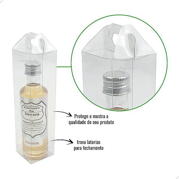 Caixa de Acetato PXGar-3 (3,5x3,5x13,6 cm) (25un) Embalagem Maleta para Mini Garrafa (Cachaça e Pimenta)