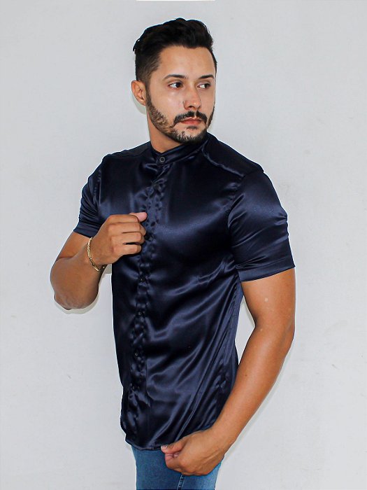 Camisa De Botão Gola Padre Acetinado Azul Marinho
